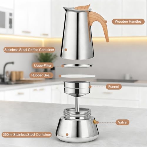 Cafetera italiana Romon de acero inoxidable 350ml que evita el óxido en gas y vitrocerámica 3