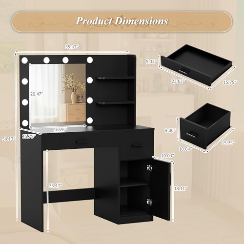 Image of Furmax Vanity Desk with Lighted Mirror 3 Modes & Power Outlets, Makeup Vanity Table with Drawers, Cabinet and Open Shelves, for Bedroom & Dressing Room (Black)