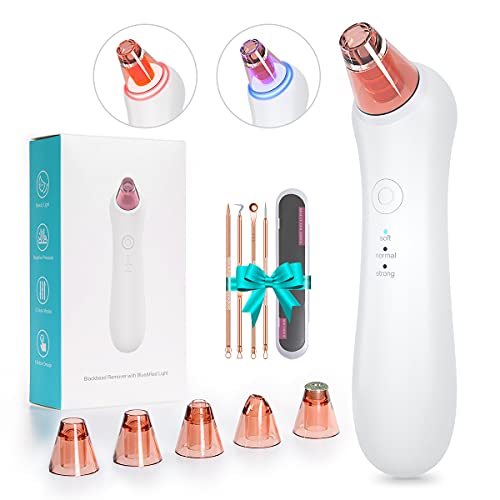 Blackhead Remover Vacuum with Upgraded Blue and Red Light Electric Rechargeable Blackhead Whitehead Acne Comedone Pimple Extractor Facial Pore Cleaner Removal Kit 5 Suction Probes Face Cleaning Tools