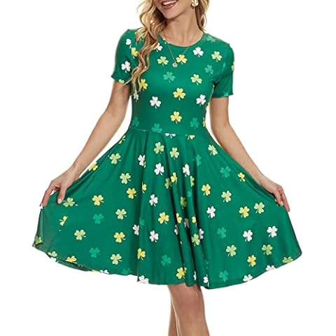 Ainuno St Patricks Day Dresses for Women Shamrock Dress Green Irish Outfits Short Sleeve Clover Dress, Green Shamrock, Small Cover