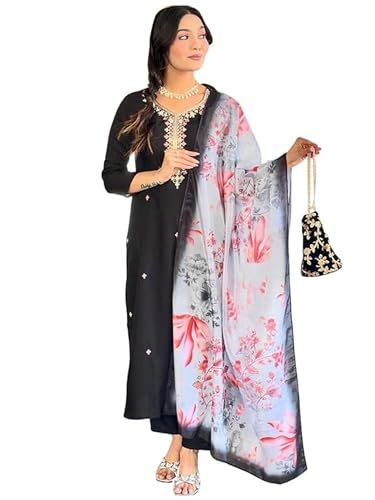 Image of Naixa Women's Rayon Embroidered Straight Kurta with Pant and Dupatta Sets (Available in Plus Size) (NX-624)