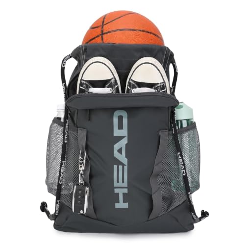 HEAD Mochila masculina com cordão com bolso para sapatos e telefone, saco de ginástica esportivo estruturado com porta-garrafas para basquete