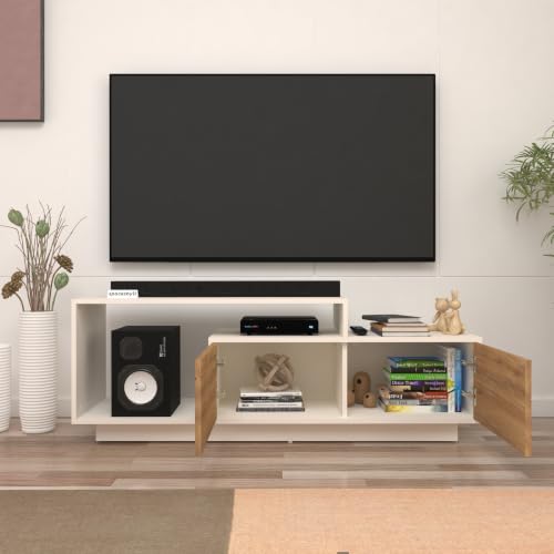 Image of Caspo TV Unit with Designer Shutters | Storage Cabinets | Engineered Wood TV Entertainment Unit | Dual Tone: Wood Oak Light and Frosty White | Do-It-Yourself (DIY)