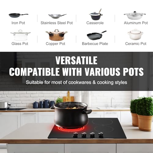 Image of VEVOR Electric Cooktop, 24 inch 4 Burners Built-in Electric Stove Top, 6000W Ceramic Top Radiant Cooktop, with 11 Heat Levels, Glass Panel, Knob Control, 220-240V, Hard Wire (No Plug)