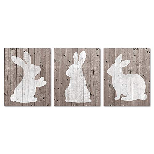 SUMGAR Rustic Wall Art Prints Unframed 8x10 Animal Pictures Bedroom White Rabbit Paintings Posters Brown Artwork Set of 3 Wooden Grain Home Decorations Nursery Gifts