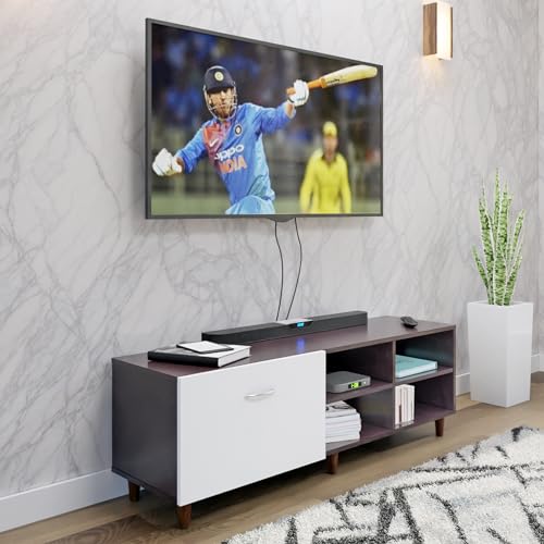 Image of VIKI Modern TV Unit for Living Room | Engineered Wood TV Cabinet with 1 Drawer Storage & 2 Open Shelves, Entertainment Unit, 140W x 48H x 40D cm | DIY | 1 Year Warranty (Wenge & White)
