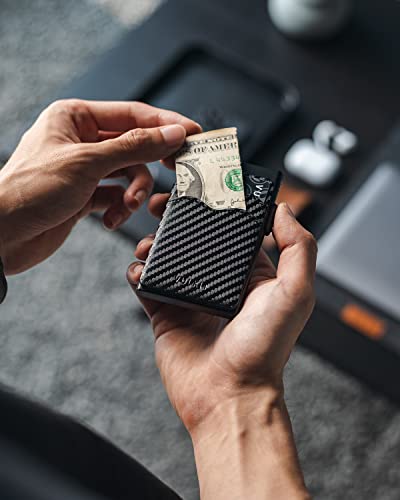 Image of VULKIT Credit Card Holder Minimalist Slim Pop Up Wallet with Leather Slots RFID Blocking for Men and Women Holds 7 Cards and Notes Carbon Fiber