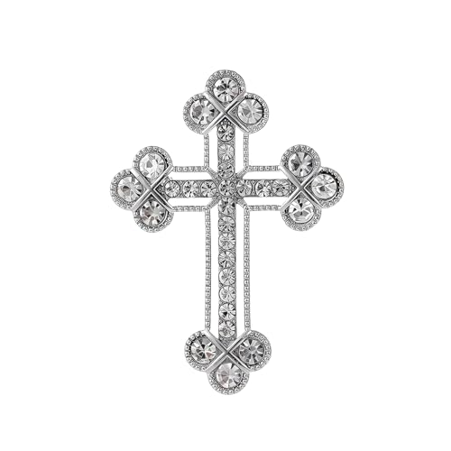 Broche de cruz sagrada de cristal brillante para mujeres y hombres, pin de solapa de aleación de diamantes de imitación chapado en plata, 4,2 cm, joyería de fe cristiana, regalo para bodas, iglesia