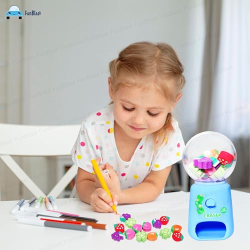 FunBlast Machine Eraser Set – 15 Pcs Fruit Shaped Eraser Dispenser Toy, Mini Kawaii Erasers for Kids, Fancy Erasers for School & Office, Stationery Supplies, Birthday Return Gift for Kids (Blue) - Image 9