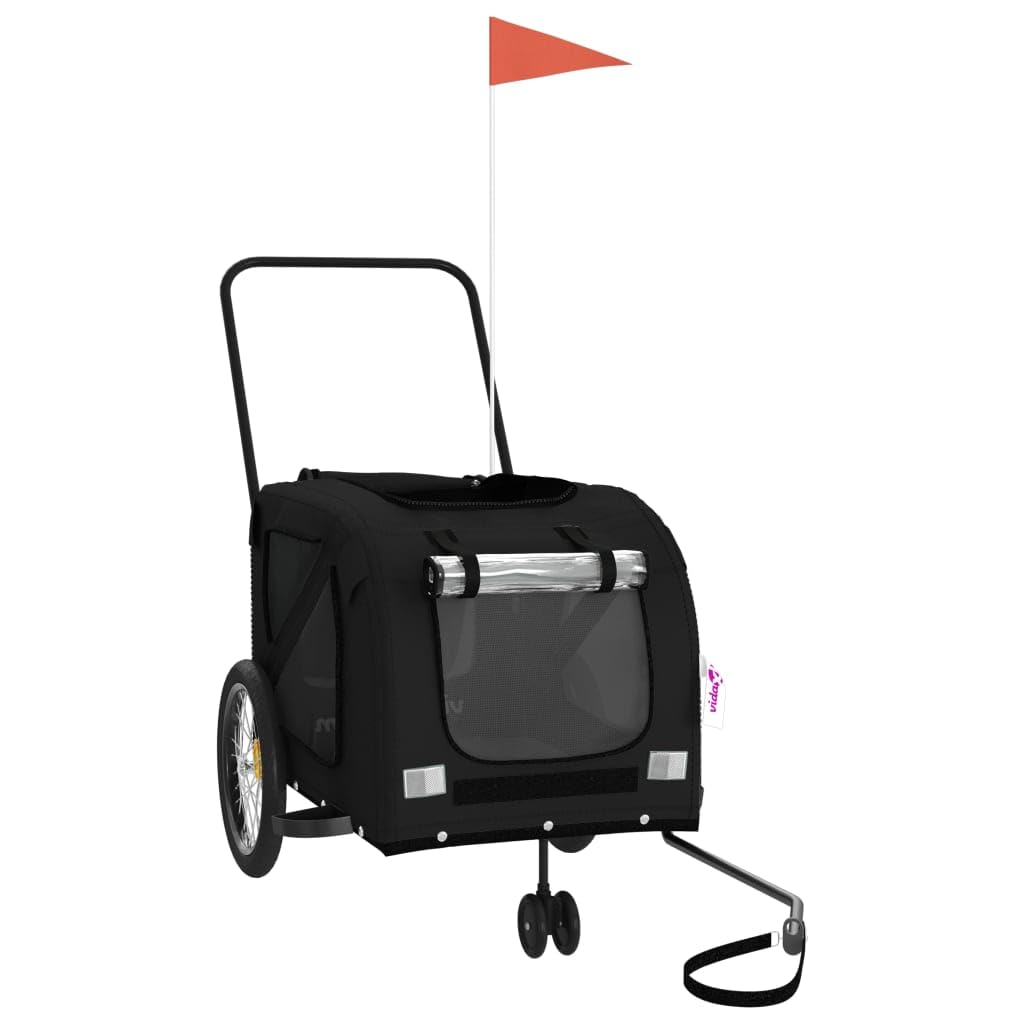 Rimorchio Bici per Cani e Gatti Nero Grigio in Tessuto Oxford e Ferro Portatore Pieghevole con Ventilazione Finestra Elementi Riflettenti e Bandiera
