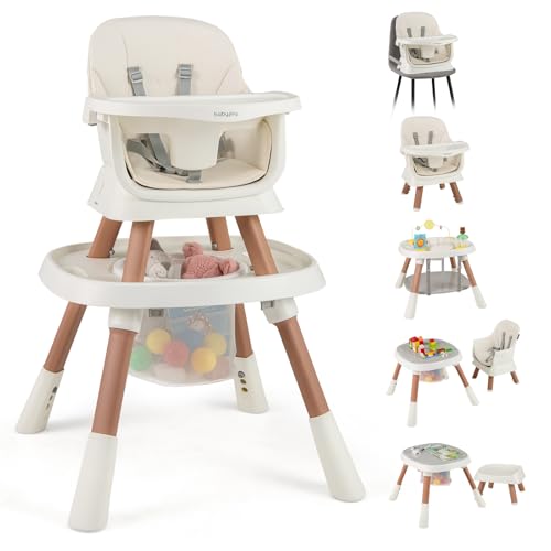 Image of BABY JOY 16 in 1 High Chair, Convertible Baby Highchair for Babies and Toddlers with Activity Center, Booster Seat, Building Block Table, Toddler Chair with Safety Harness, Removable Tray (White)