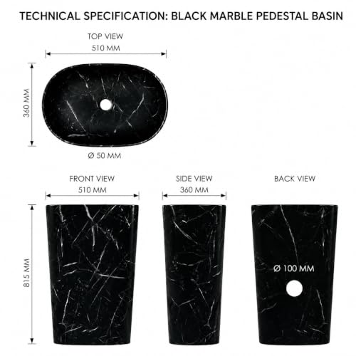 Image of BASSINO 20x14x33 Inch Pedestal Wash Basin /Free Standing Wash Basin /7 Years Warranty /Oval Ceramic One Piece Pedestal Sink for Bathroom /Living Room /Floor Mounted Washbasin(Matt Black Mix Marble)