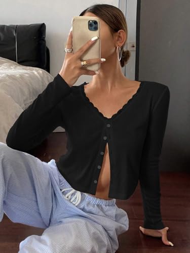 Cioatin Women V Neck Lace Trim Button Down Open Front Pointelle Crop Cardigan Long Sleeve Clean Fit Y2K Minimalist Shirt Tops4