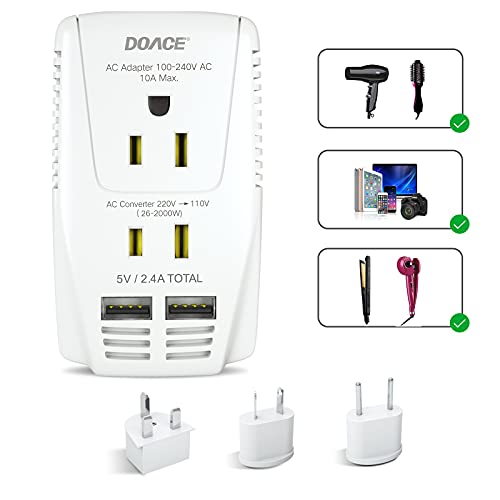Upgraded DOACE 2000W Travel Voltage Converter Power Adapter, Step Down 220V to 110V for Hair Dryer Straightener Curling Iron Laptop Cell Phone, Dual USB and EU/UK/AU/US Plugs for 190 Countries (White)
