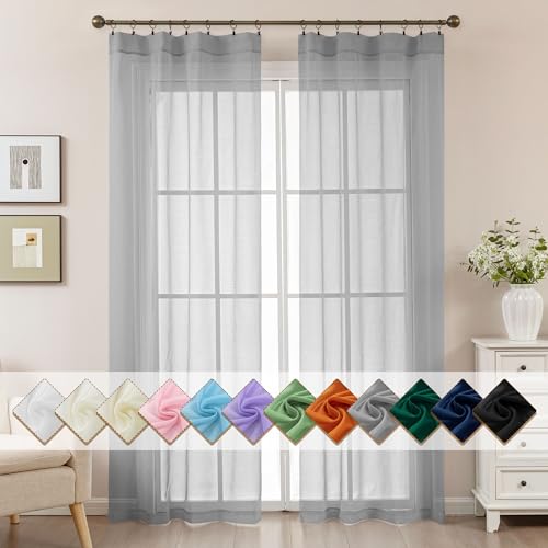Image of Grey Sheer Curtains 84 Inches Long, Privacy Semi Sheer Curtains for Living Room Bedroom, Light Filtering Rod Pocket Voile Window Drapes 2 Panels Set, Each 42 inch W x 84 inch L