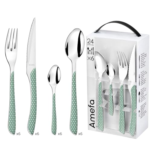 AMEFA - Ménagère 24 couverts de table pour 6 personnes - Eclat Géo - Acier inoxydable 18/0, Finition Brillante - Vert et Blanc