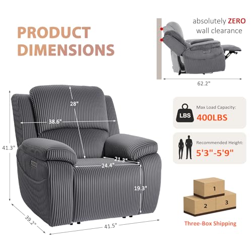 Image of EONIX Real Zero Clearance Wall Hugger Power Recliner Chair with Adjustable Headrest for Small Spaces, RV, Living Room, Bedroom, 24.4'' Seat Width, 400lbs Heavy Duty, SXXY017992, Corduroy, Dark Grey