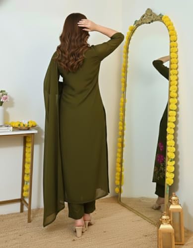 Image of ANNI Designer Women's Viscose Blend Embroidered Straight Kurta with Pant & Dupatta | Ethnic Kurta Set for Women | 3 /4 Sleeve Festive Traditional Dress | Office, Party & Daily Outfits Suit Set