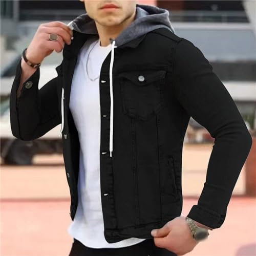 JEShifangjiusu Men'S Denim Hoodie Military Jacket Casual Slim Fit Button Down Jeans Coat Fashion Winter Denim Trucker Jacket3