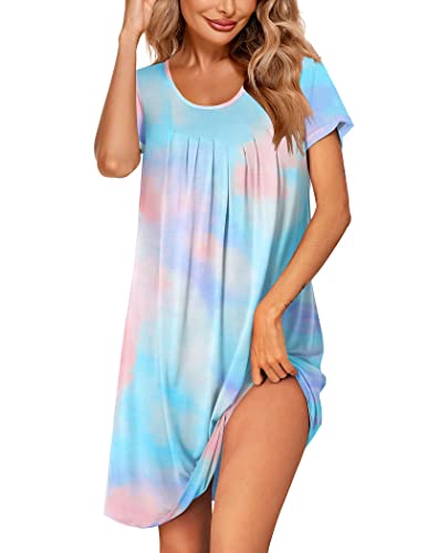 Image of Ekouaer Women's Nightgown Short Sleeve Sleepwear Comfy Sleepshirts Pleated Scoopneck Nightshirt S-XXXL