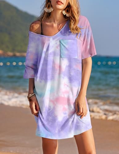 Image of Ekouaer Womens Tshirt Nightgown Cotton V Neck Sleepshirts Comfy Casual Nightshirt for Women