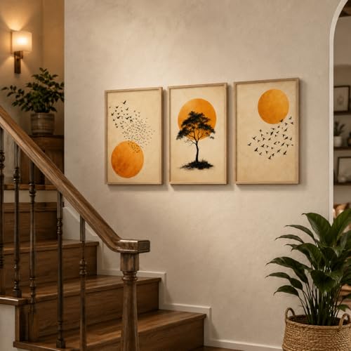Image of Artify Set of 3 Tree Birds Sun Wall Painting for Living Room Bedroom Hall Office Decor, Premium Wooden Synthetic Frame Nature Artwork Gift