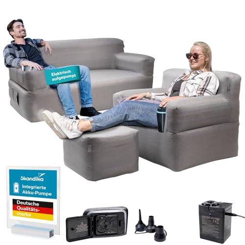 skandika Sofá de Aire Easy Air | sofá Inflable para Exteriores, con Bomba eléctrica, 1-2 Personas, hasta 200 kg, Recargable con Cable de Carga USB (Premium Paquete)