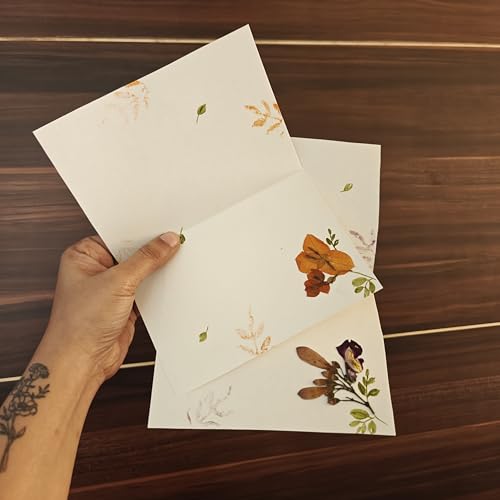 Image of PetalsByShweta, Pack of 6, A5 size pressed flower & watercolor painted letter writing papers & Envelopes with tags . White Kraft Paper Envelopes | Envelopes for cards | Pressed Flower Design | invitation writing paper | Thank you notes writing (Mogra white) (Mogra white)