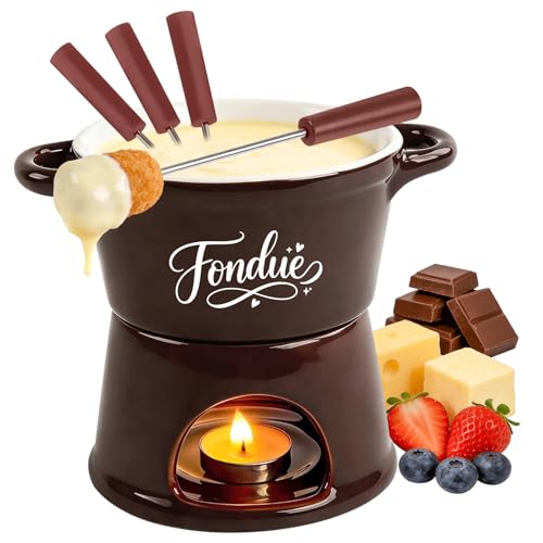 Yoassi 300ml Appareil à Fondue au Fromage à Bougie pour 1-2 Personnes,Antiadhésif Caquelon à Fondue Savoyarde/Chocolat sans Fil avec 4Pcs...