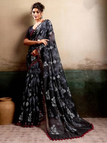 Image of AKHILAM Women's Cotton Printed Saree With Unstitched Blouse Piece
