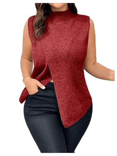 Image of OYOANGLE Women's Plus Size Mock Neck Wrap Hem Sweater Vest Sleeveless Split Asymmetrical Hem Pullover Tops Burgundy X-Large Plus