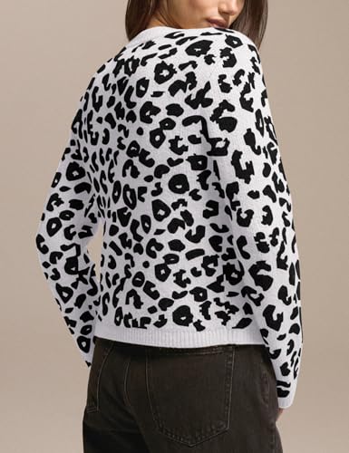 Image of Women Leopard Print Cardigan Open Front Button Down Sweater Long Sleeve Cotton Knit Fall Clothes Outerwear Coats White