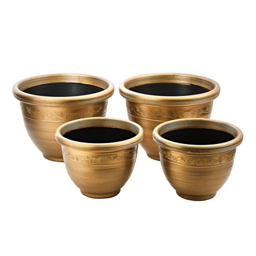 3 Pagen® Pflanztöpfe Set im Retro-Stil aus Kunststoff – 4er-Set Pflanztöpfe in Zwei Größen – wetterbeständig und leicht – Verzierung am Rand – bronzefarbenes Topf-Set zum bepflanzen