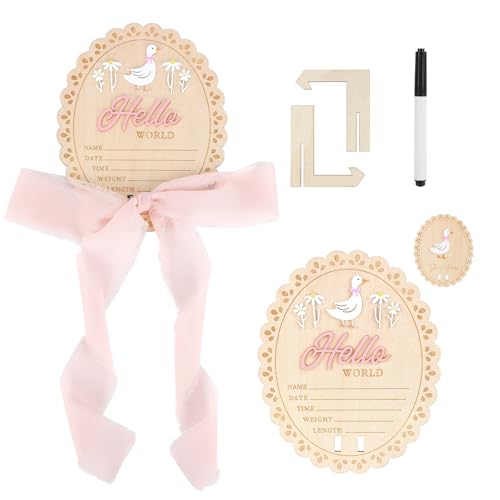 Hello World Newborn Sign, Double Sided Newborn Welcome Sign Wooden She's Here Baby Announcement Board New Birth Name Plaque with Pen & Stand for Nursery Decor Photo Props Baby Shower Keepsake