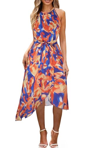 Image of ECOWISH Polka Dot Women Summer Dresses Casual Midi A Line Ruffle High Low Sleeveless Boho Floral Halterneck Cocktail Sundress