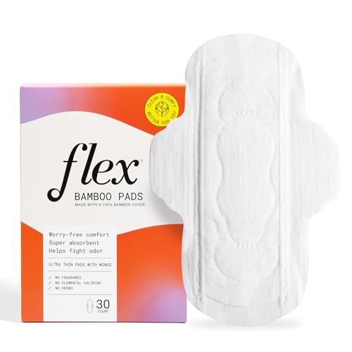 Flex Bamboo Pads - Ultra Thin Pads with Wings - Fragrance Free Sanitary Knapkins - Super Absorbent - Comfortable 100% Bamboo Cover - 30 Count