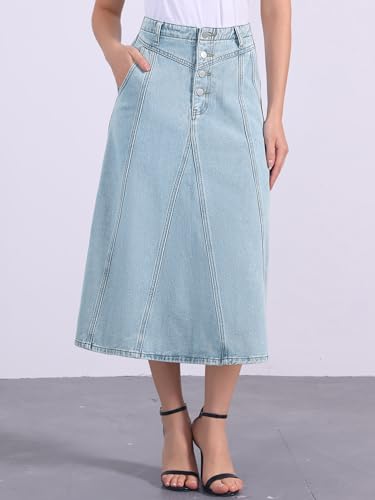 Allegra K Women's Casual Denim Skirts High Waisted A-Line Frayed Midi Skirt with Pockets3