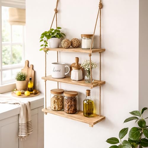 Homezone® Modern Rectangular 3 Tier Wooden Rope Shelves - Rustic Vintage Shabby Chic Style Wall Mounted Floating Shelf - Decorative Hanging Shelves for Nursery, Kitchen, Bedroom, Living Room Decor