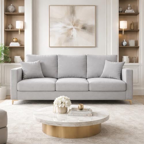 Image of Hayes Rich Velvet Suede 3 Seater Sofa | Golden Aesthetic Legs | Spacious Soft Touch Comfort Seating | Modern Luxe Sofa for Living Room (Light Gray)