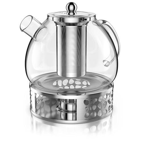 Arendo - Glas Teekanne mit Stövchen - mit Sieb - 1500 ml – aus Borosilikatglas – mit Edelstahlsieb – feinmaschig – hitzebeständig – Glasteekanne – für losen Tee Kräutertee...