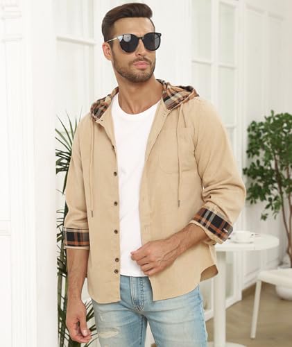 Mens Flannel Hoodie Shirts Long Sleeve Fashion Plaid Jackets Button Down Shirts2