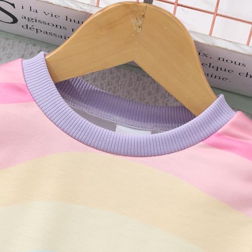 Image of Tkria Toddler Girls Rainbow Dress Striped Fall Dress Cartoon Colourful Long Sleeve Casual Dressy 2-7T