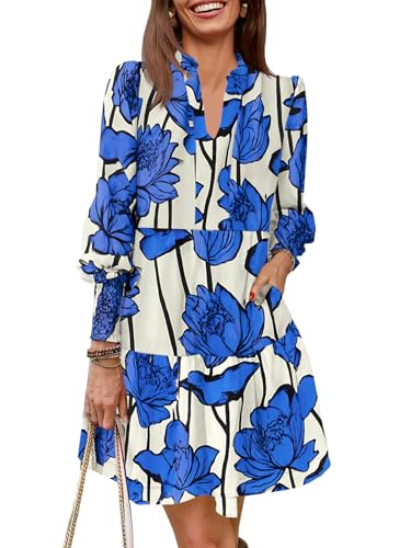 Image of Imily Bela Womens Fall Long Sleeve Tunic Dress Casual V Neck Tiered Dress | Loose,Swing,A-Line,Ruffled Collar,Puff Balloon Sleeve,Smocked Elastic Cuffs,Tiered Layered Ruffle Hem,Babydoll,Loose,Mini