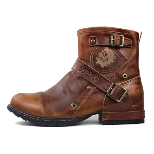 Image of OSSTONE Moto Boots for Men Fashion Zipper-up Leather Chukka Boots Casual Shoes OS-5008-1-BP-US-R Vintage Brown