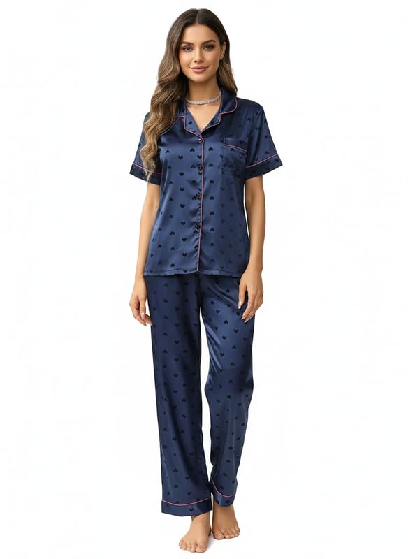 Image of Night Suit for Women with Full Sleeve Button-Down Top with Pant Dress for Woman,Night Dress for Woman, Two-Piece Loungewear Set