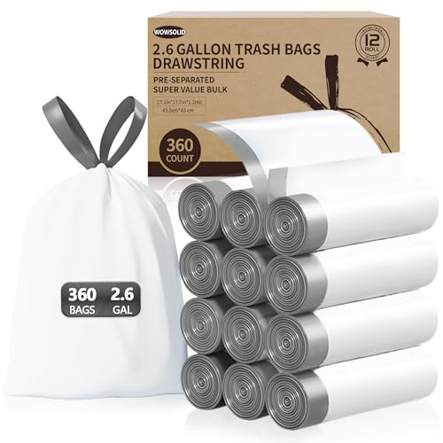 Image of 2.6 Gallon Mini Drawstring Trash Bags, 360 Count 1.2 Mil Thick Small Garbage Bags by WOWSOLID, Fit Liners 7.5-10 Liter, 2-3 Gal, Trash Can Bin for Bathroom, Kitchen, Bedroom, Office