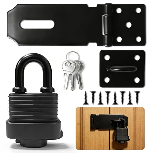 Image of Steel Padlock Hasp, 4 Inch Heavy Duty Padlock Hasp with Screws, Stainless Waterproof Door Lock, Shed Lock Latch Staple for Bedroom Bathroom Cabinet Pet Cage, with Padlock & Keys