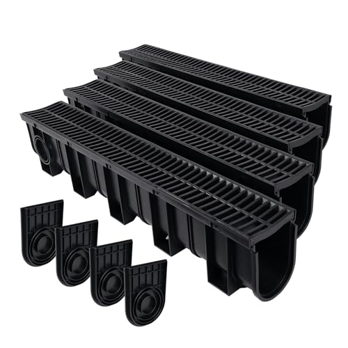 Trench Drain System with Plastic Grate, 4 Pack 5.9x7.5 Inch HDPE Channel Drain, Outdoor Trench Drainage for Driveway, Swiming Pool, Garden, Effortless Installation, Black by FAHKNS - Used condition - US$51.09