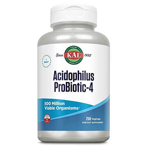 KAL Acidophilus ProBiotic-4, 500 Million CFUs, Four Probiotic Strains, Probiotics for Women and Men, Freeze Dried, L. acidophilus, L. bulgaricus, S. thermophilus, B. bifidum, 250 Servings, 250 VegCaps