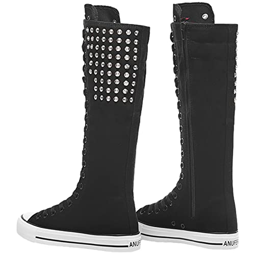 Image of ANUFER Women Fashion Canvas Dance Boots Knee High Bicycling Boots Girls Fancy School Shoes